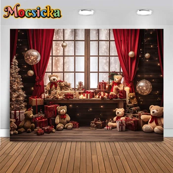 חג המולד הדובי תפאורה הביתה Stuido צילום חלון וילונות אדומים חג המולד מתנה בות רקע ילדים דיוקן Photocall