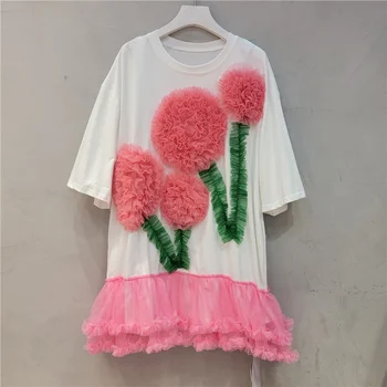 נשים רשת 3D פרחים, קפלים חולצות שמלה O-צוואר גזה טלאים Tees שמלות קיץ המגשרים קפלים קצה Tshirts Vestidos