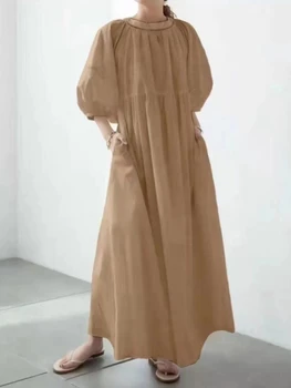 נשים שמלת הקיץ 2022 V-צוואר רופף מזדמן נוח פאף שרוול ארוך שמלה הפיך כותנה שמלה לבנה Harajuku החלוק